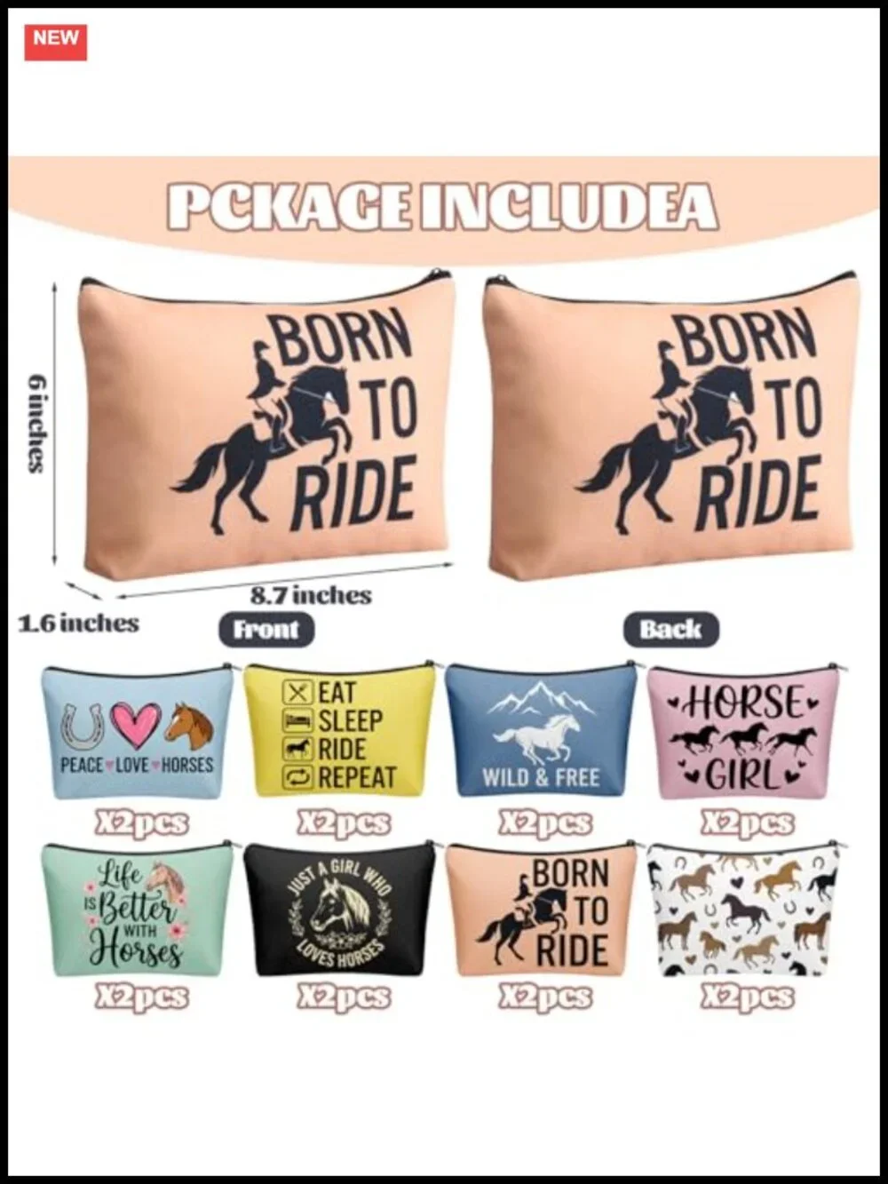 16 Pack Horse Makeup Cosmetic Bags for Women Equestrian Zipper Pouch Set